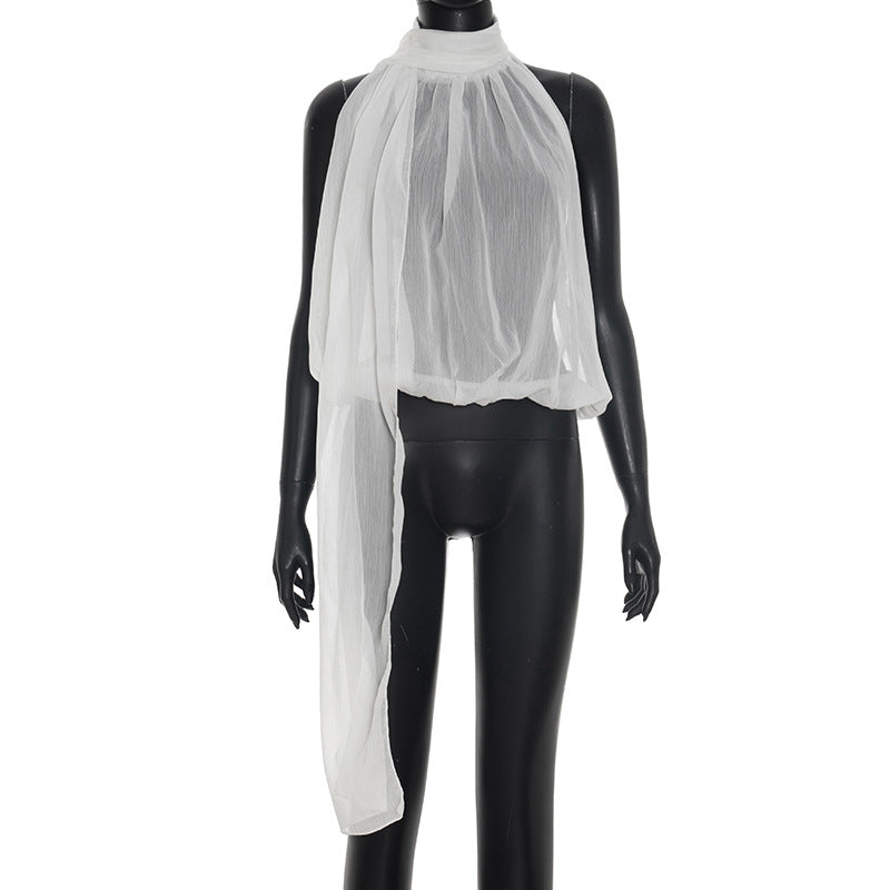 DZHT D26TP029 halter sleeveless see-through ribbon Bud elegant chiffon top
