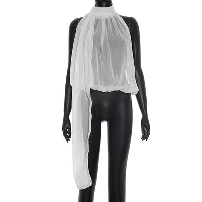 DZHT D26TP029 halter sleeveless see-through ribbon Bud elegant chiffon top