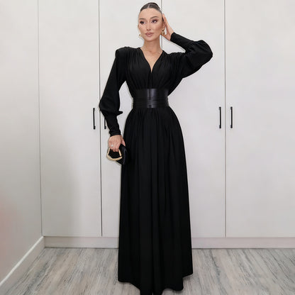 SXR autumn and winter French retro waist seal V-neck long sleeve loose dress