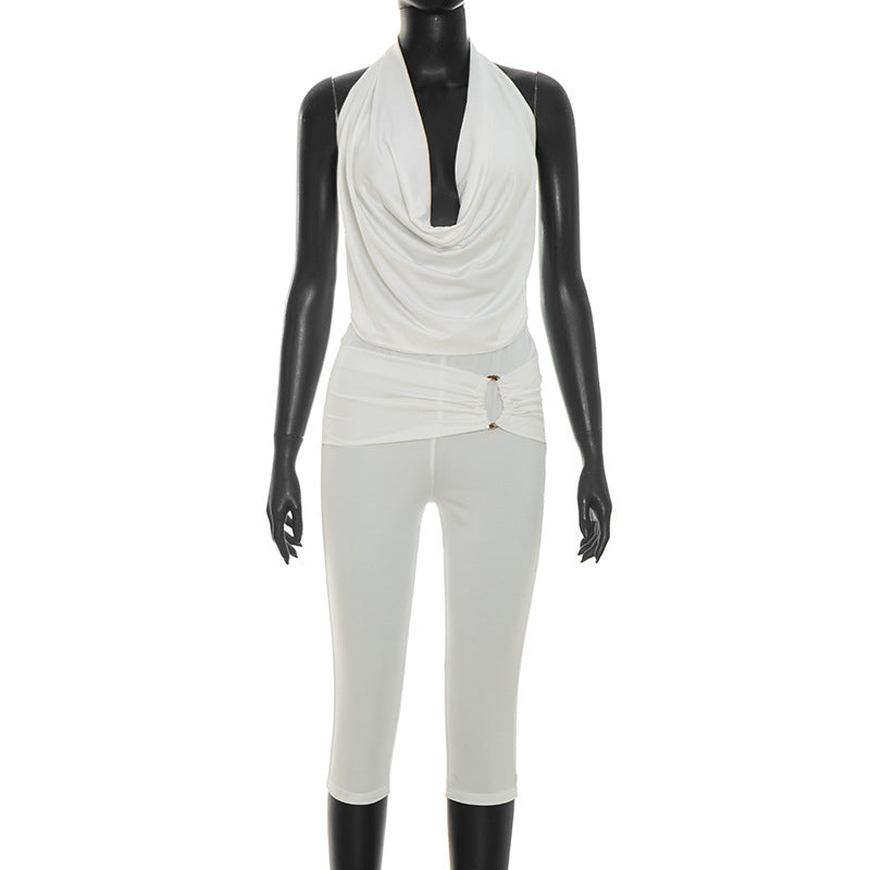DZHT J26ST138 mesh lace-up backless halter spaghetti straps tight cropped pants two-piece suit