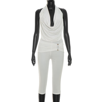 DZHT J26ST138 mesh lace-up backless halter spaghetti straps tight cropped pants two-piece suit
