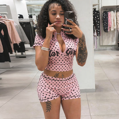 DLS summer polka dot print half collar zipper short top low waisted shorts suit