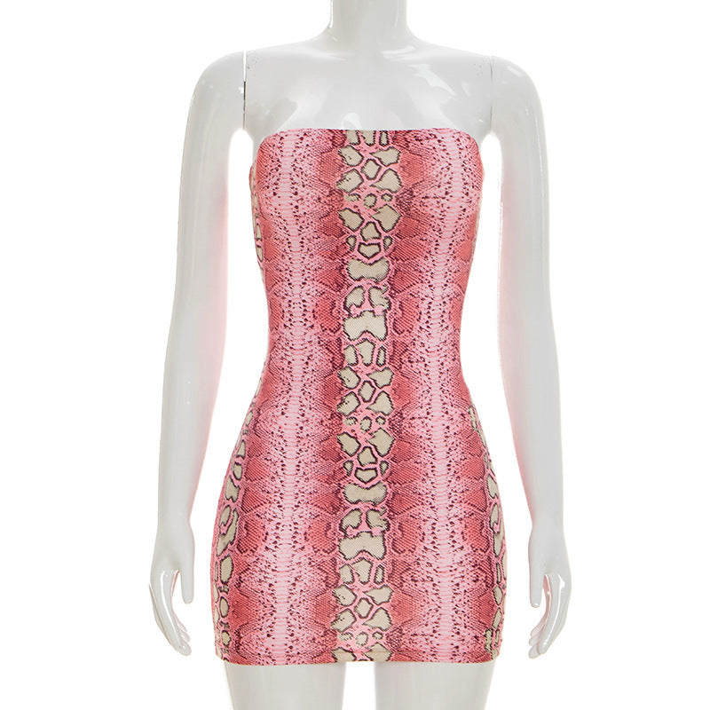 DZHT J26DS172 snake print tube top tight dress short skirt