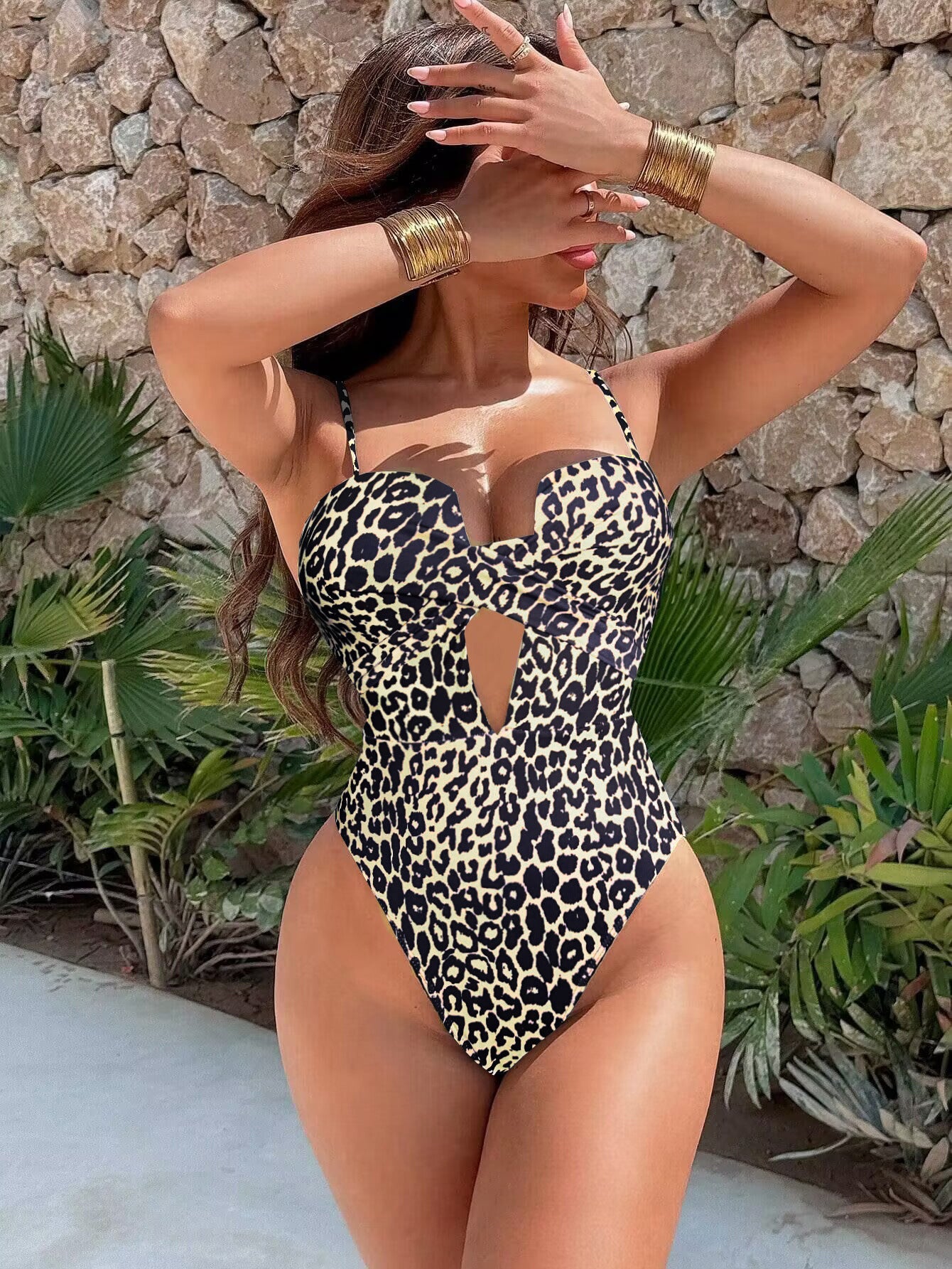 XM leopard print hollow shoulder strap one-piece swimsuit E36R