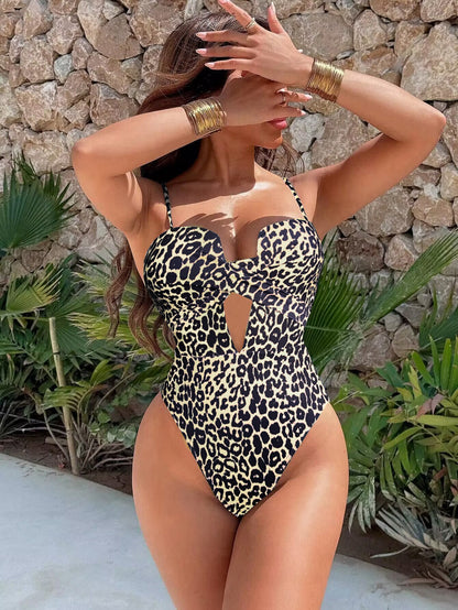 XM leopard print hollow shoulder strap one-piece swimsuit E36R