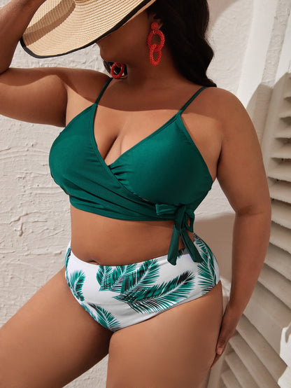 LF (L-4XL) women's split color printing swimsuit plus size