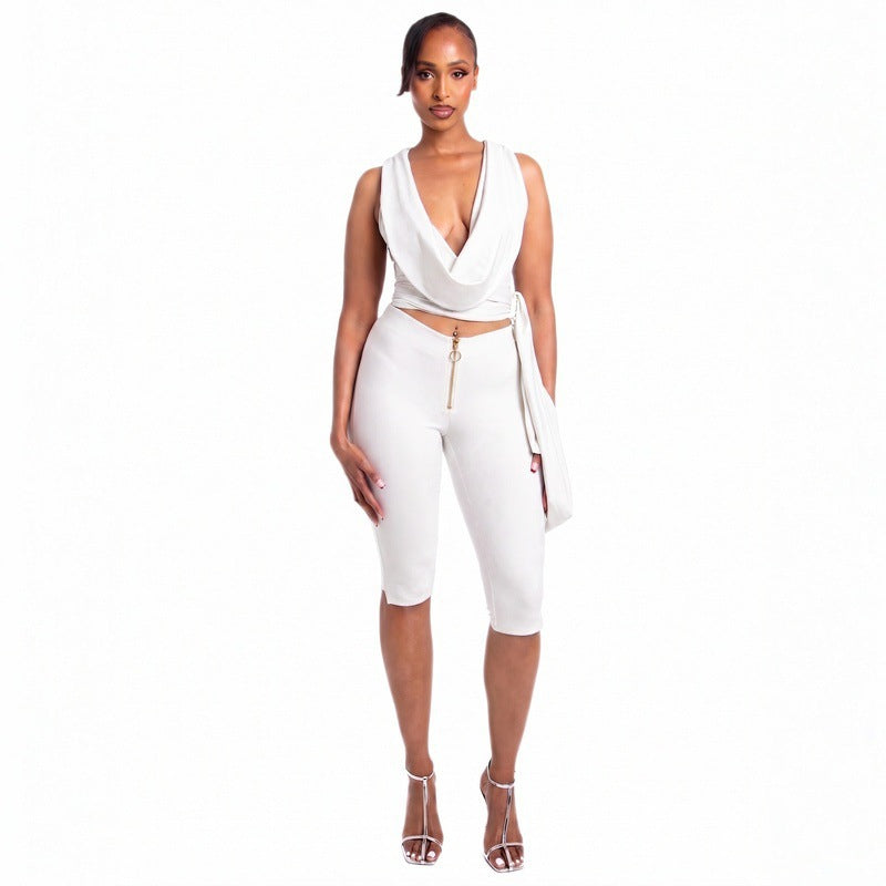DZHT J26ST201 summer draped collar tied top zipper decorations tight cropped pants
