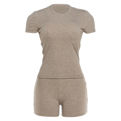 DLS summer pullover round neck waist trimming short sleeve top comfortable shorts suit