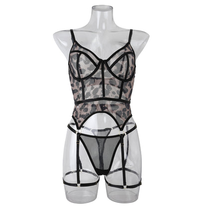 Sexy lingerie bra steel bracket mesh floral print leopard print with garter buckle two-piece set 1843