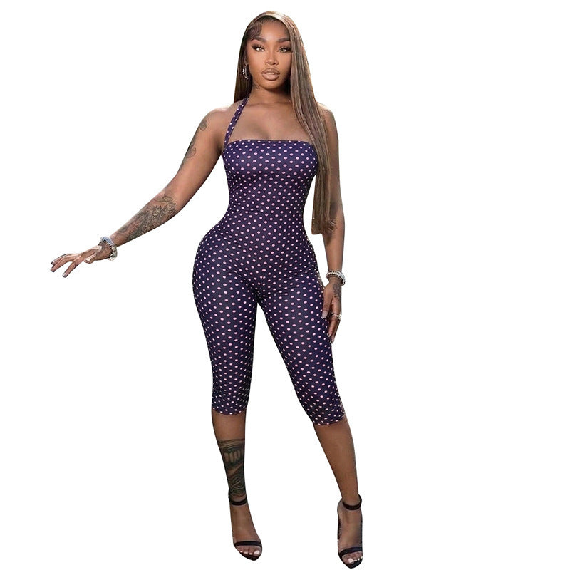 DZHT J26JP132 spring/summer fashion polka dot sleeveless halter slim cropped jumpsuit