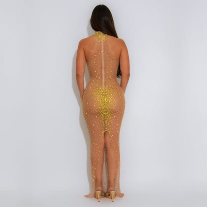 XYZ C7556 sheer mesh rhinestone slim dress