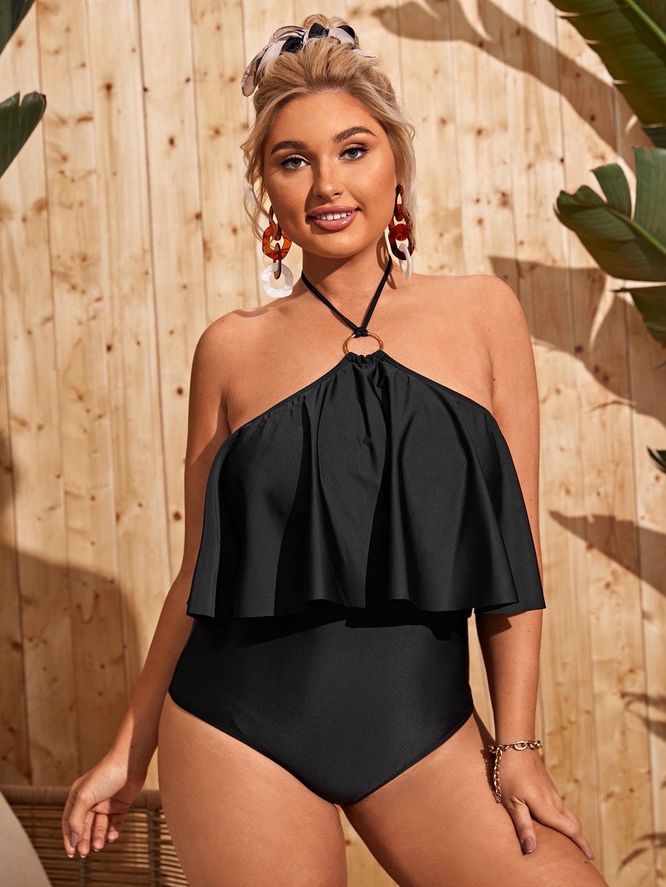 LF (L-4XL) women's one-piece black solid color sexy swimsuit plus size