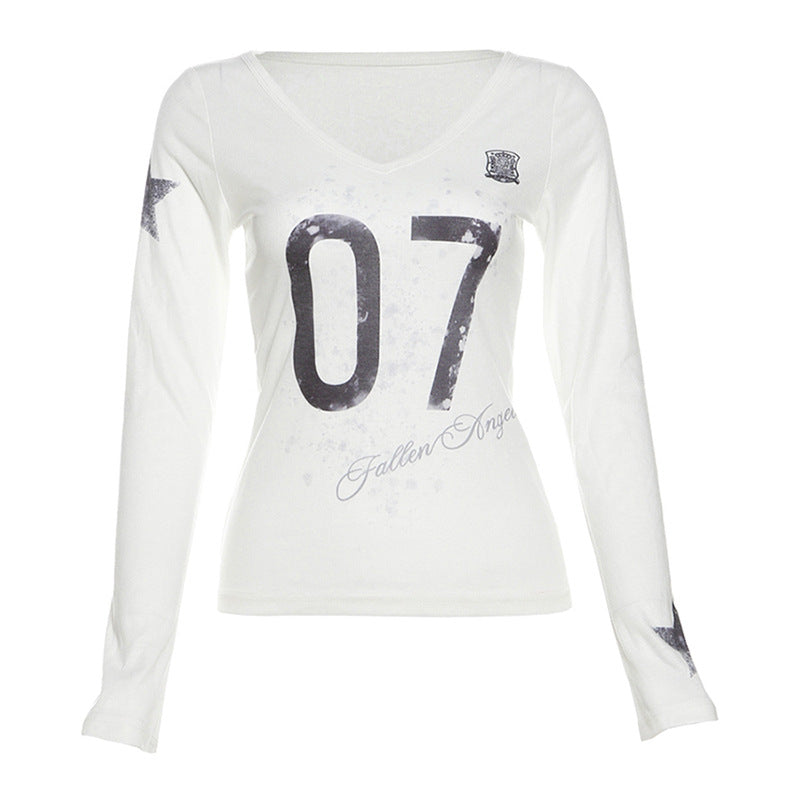 SXR autumn see-through V-neck printed long-sleeved T-shirt top