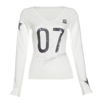 SXR autumn see-through V-neck printed long-sleeved T-shirt top