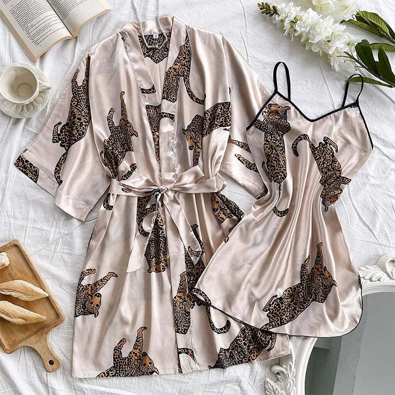 DNL imitated silk pajamas V-neck long slip nightdress two-piece pajamas suit