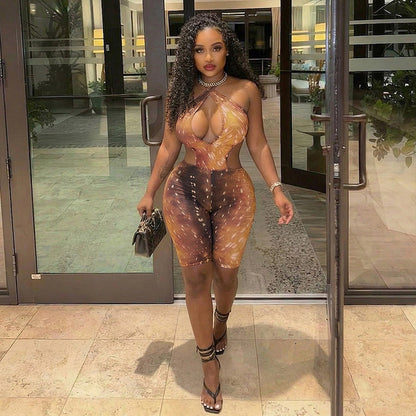 DZHT J26RP105 spring and summer deer printed halter strap bare back jumpsuit