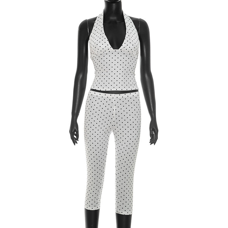 DZHT D26ST184 polka dot print halterneck vest top tight cropped pants two-piece suit
