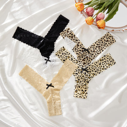 Bow stitching see-through lace T-shaped mid waist plus size leopard print T-back