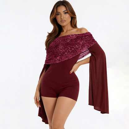 DZHT J25RP468 long sleeve off-shoulder leopard print off-shoulder shorts jumpsuit