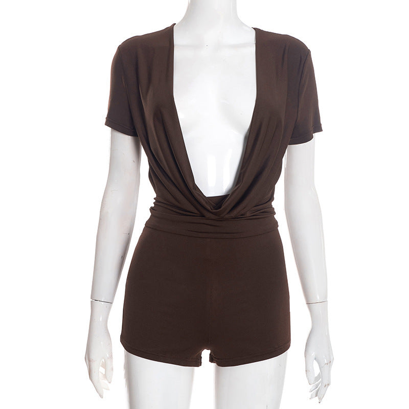 DZHT D25RP581 deep V swing collar short sleeve tight one-piece shorts