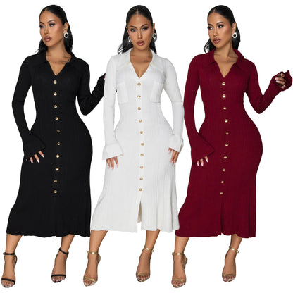 MYF (S-2XL) 10913V collar dress single-breasted long sleeve dress