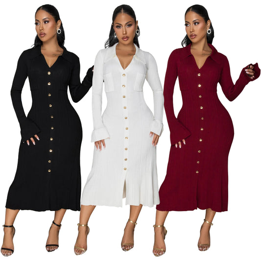 MYF (S-2XL) 10913V collar dress single-breasted long sleeve dress