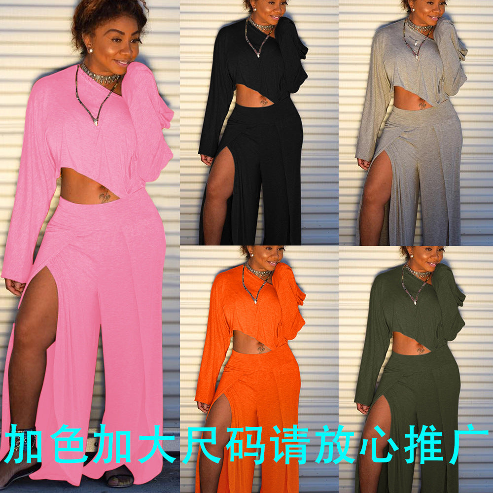 GY (S-3XL) K8747 shoulder long sleeve casual slit blouse and pants club wear