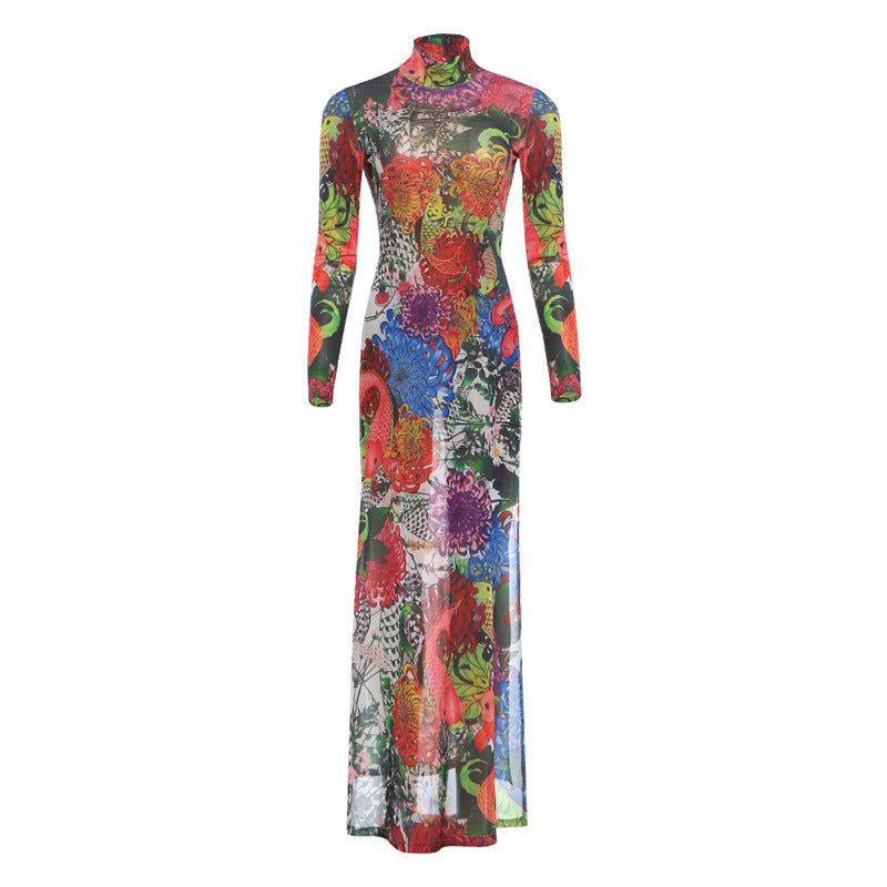 DLS Spring personalized plant print long sleeve half turtleneck high slit long shirt