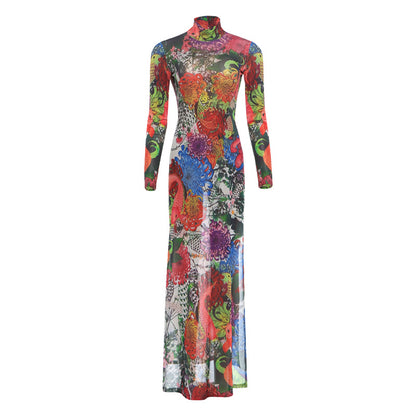 DLS Spring personalized plant print long sleeve half turtleneck high slit long shirt