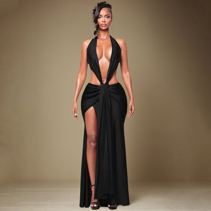 DZHT J25DS474 fashion halter sleeveless waist sheath split deep V dress