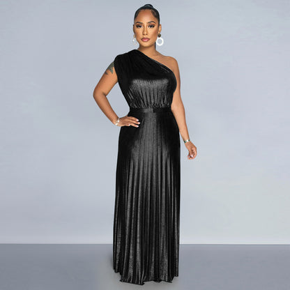 XYZ C7506 elegant bronzing off-shoulder sleeveless dress