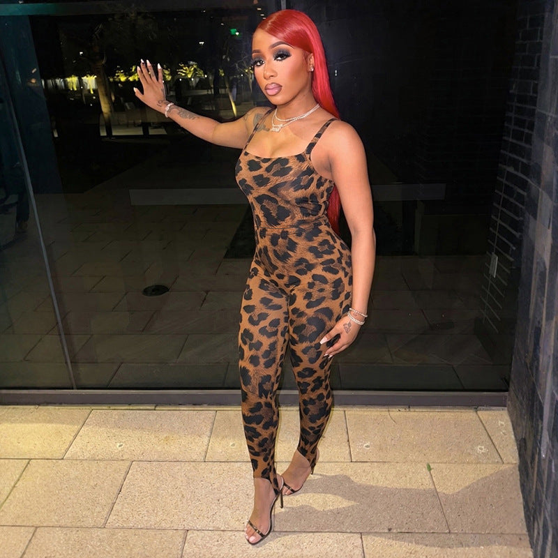 DZHT D26ST185 leopard print sleeveless leotard step-on tight trousers two-piece suit