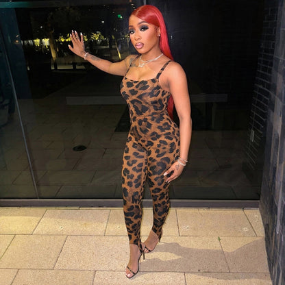 DZHT D26ST185 leopard print sleeveless leotard step-on tight trousers two-piece suit
