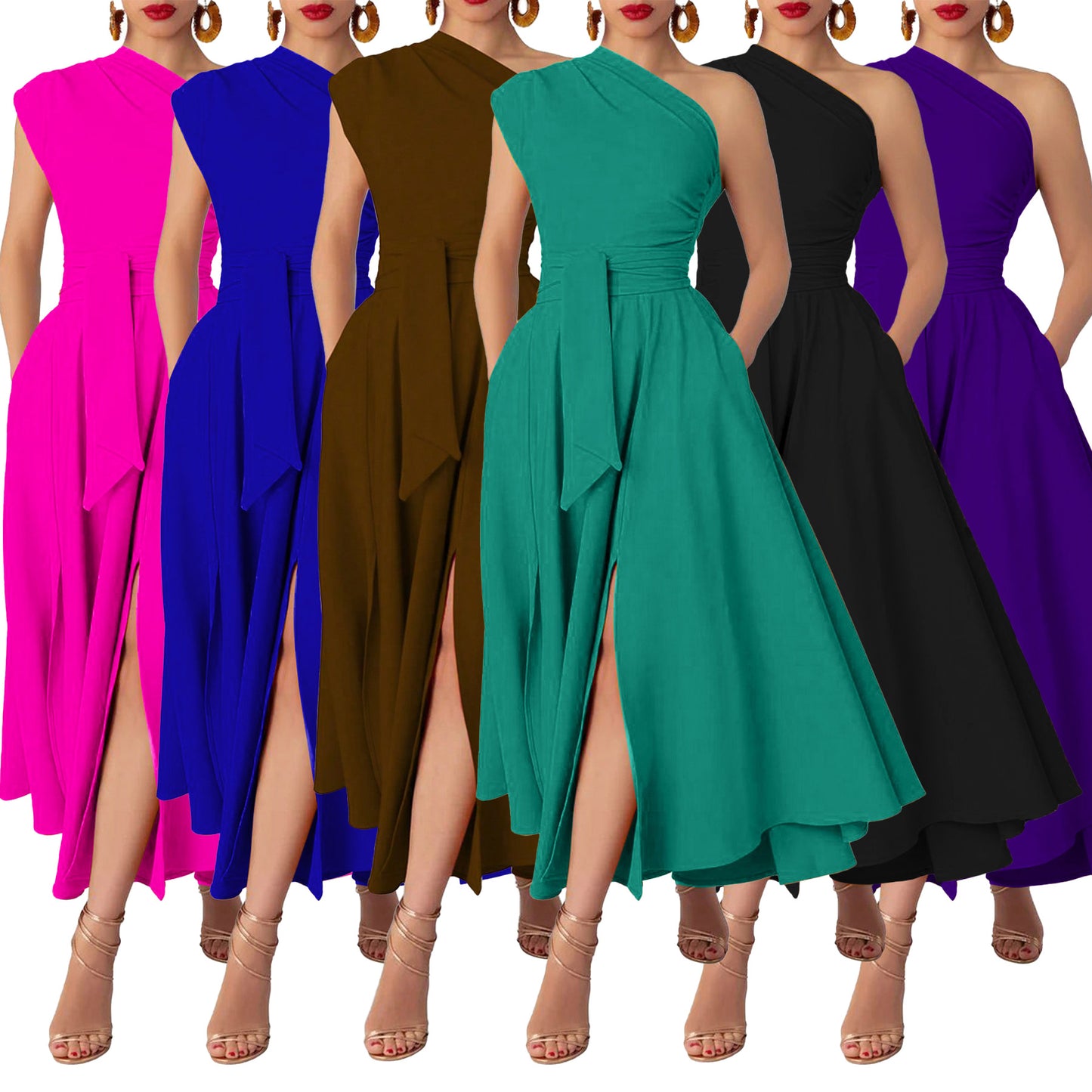 MYF (S-2XL) summer sleeveless diagonal collar waist-controlled large hem dress