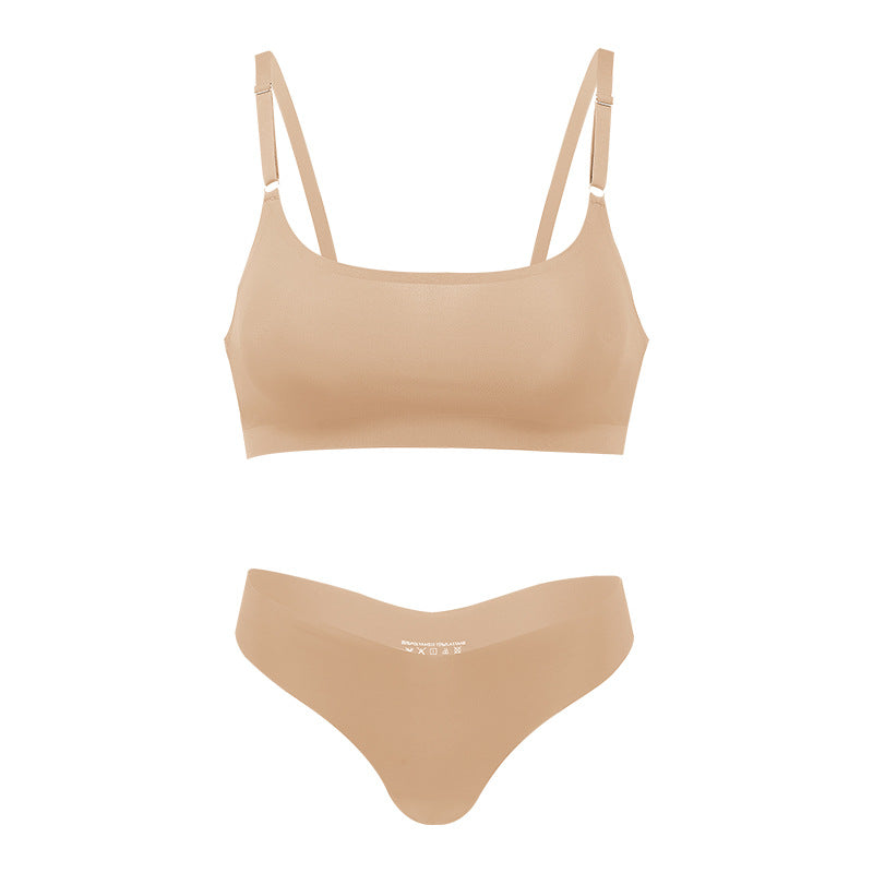 Seamless thin large size underwear set small breast size exaggerating bra T-shaped beauty back adjustable wireless bra