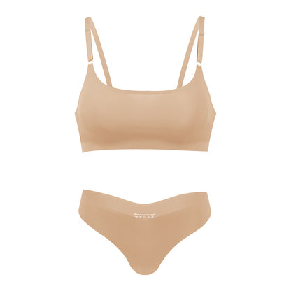 Seamless thin large size underwear set small breast size exaggerating bra T-shaped beauty back adjustable wireless bra
