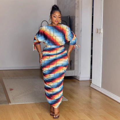 GY (S-3XL) S10910 printed pleating Raglan long sleeves skirt two-piece set