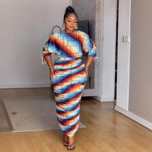 GY (S-3XL) S10910 printed pleating Raglan long sleeves skirt two-piece set