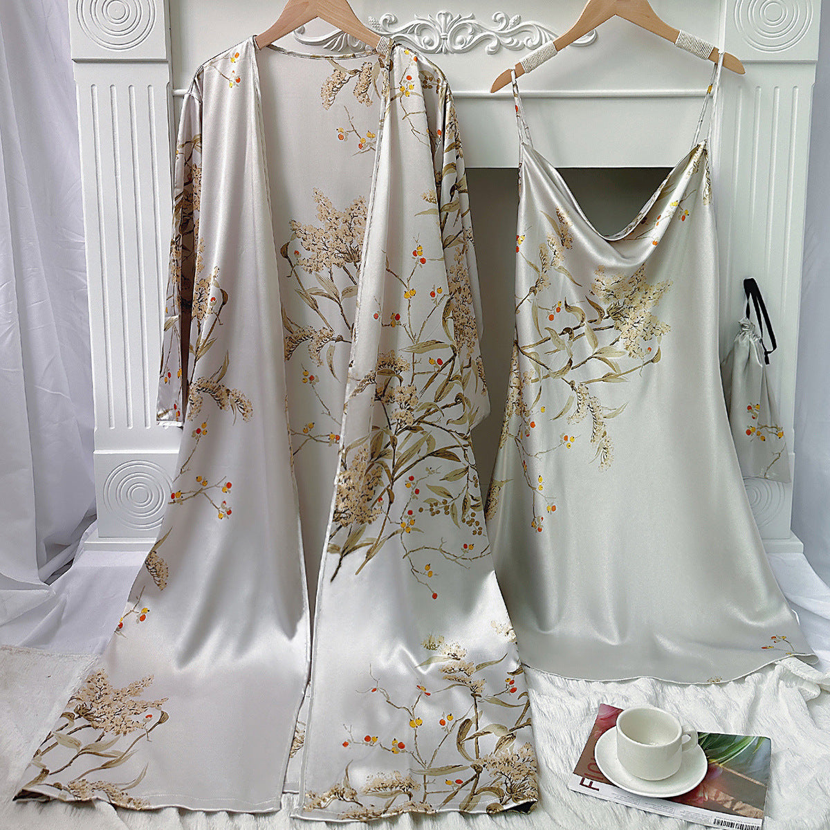 DNL printed small cherry emulation silk nightgown Ice Silk suspender skirt nightdress