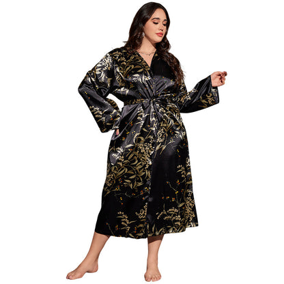 DNL spring printed bathrobe emulation silk nightgown