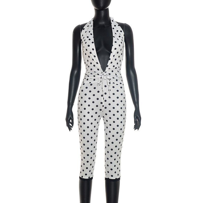 DZHT Q26JP118 polka dot halter backless rope waist lace jumpsuit