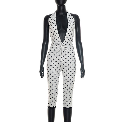 DZHT Q26JP118 polka dot halter backless rope waist lace jumpsuit