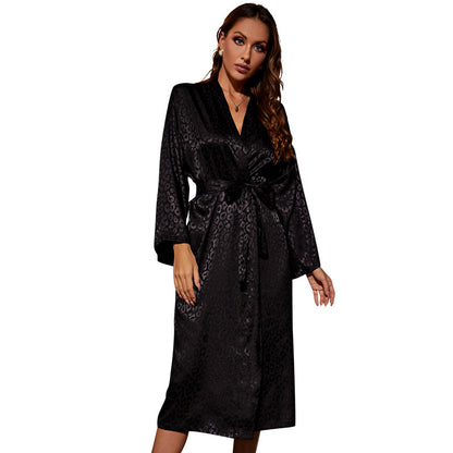 DNL black long sleeve nightgown lace-up morning gowns cardigan pajamas ice silk bathrobe