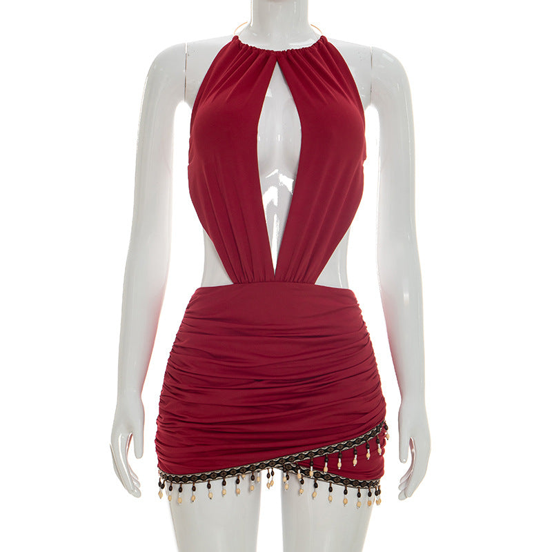 DZHT D26DS005 bohemian halter bare back tight jumpsuit skirt