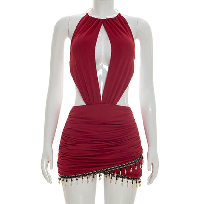 DZHT D26DS005 bohemian halter bare back tight jumpsuit skirt