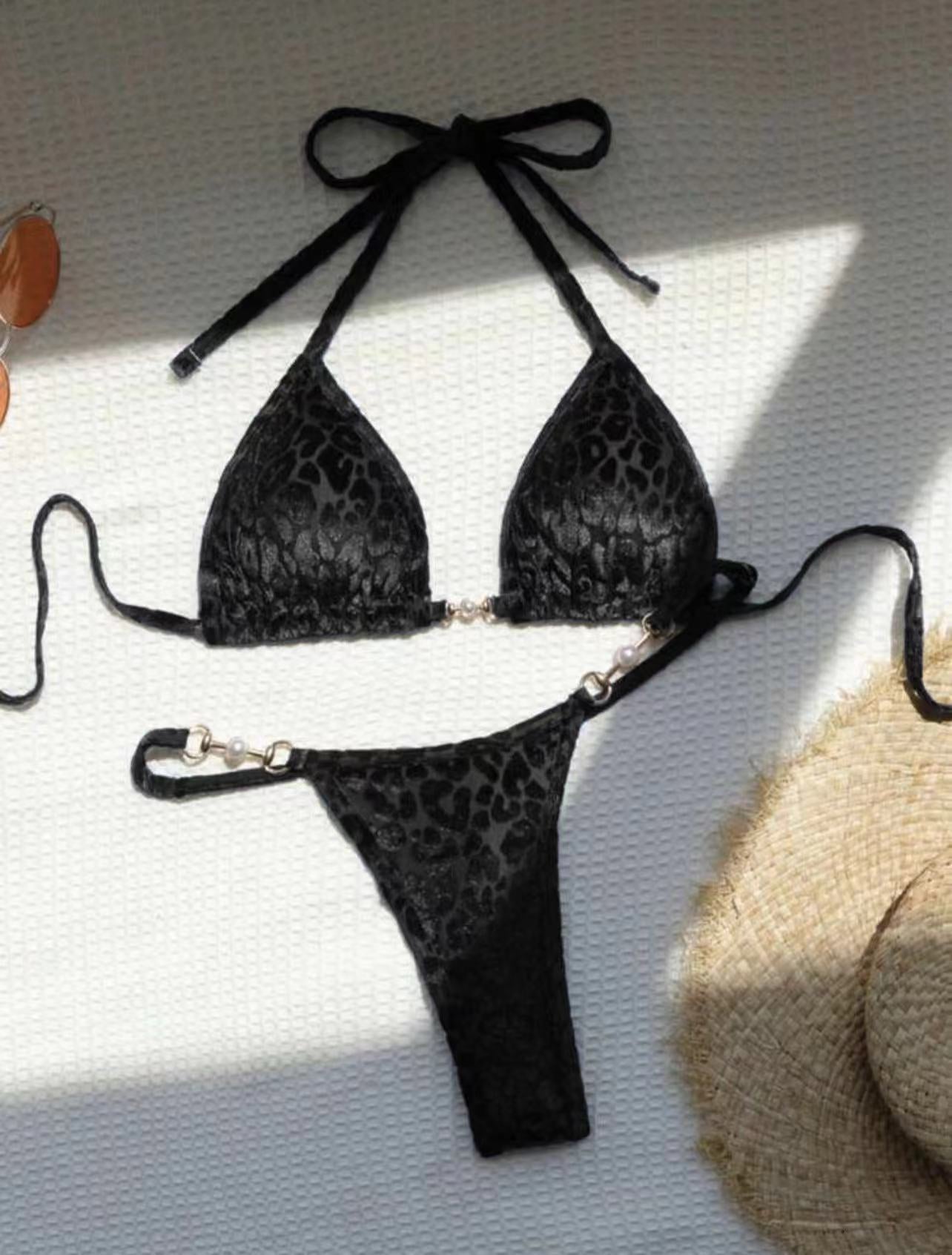 (4 days ready to ship) SY T-shaped pearl leopard special fabric swimsuit bikini