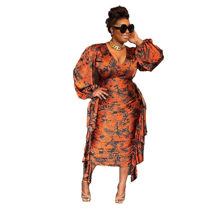 GY (S-3XL) S10597 printed ruffled pleated lantern sleeve sheath slim-fit long-sleeved dress