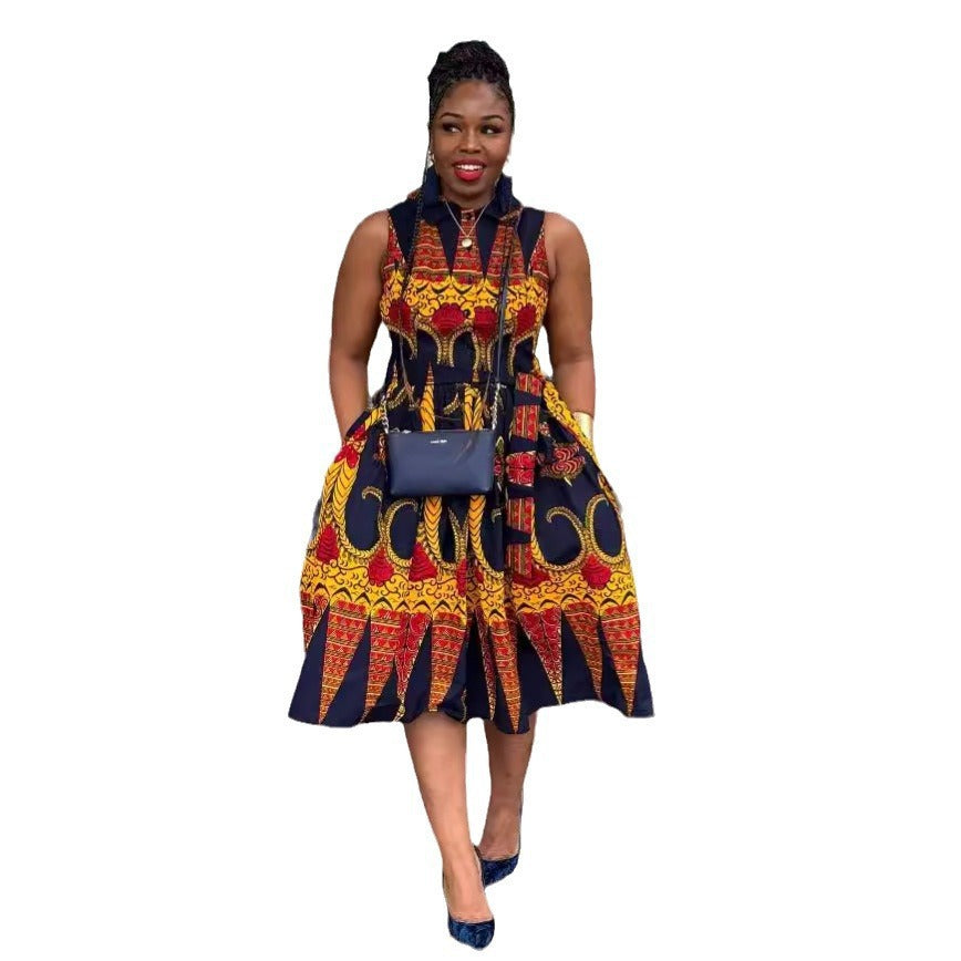 GY (S-3XL) S10730 printed waist-controlled lapel doll collar midi dress