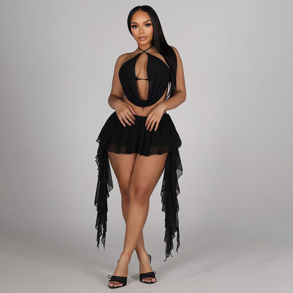 DZHT D26ST055 mesh halter swing collar tied top fake two-piece ruffled pantskirt two-piece suit