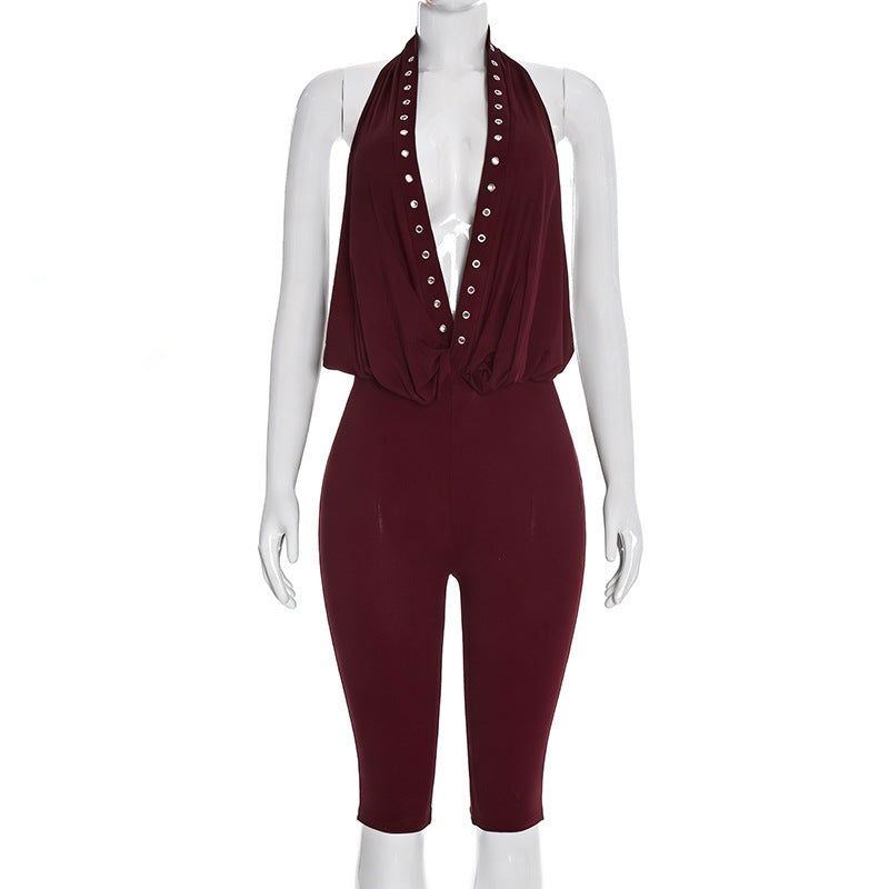 DZHT J26JP015 spring rivet halter backless cropped jumpsuit